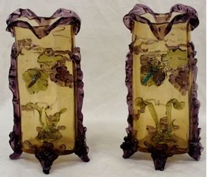 Picture of Pair of antique glass vases with applied design,  9" tall