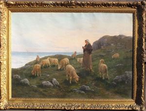 Picture of мNoe Bordignon (Italian, 1842 - 1920) "SHEPHERDESS WITH HER SHEEP"