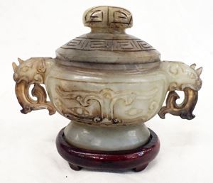 Picture of Chinese jade incense burner with lid and wooden base. 4 1/2" x 6" x 3"