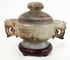 Picture of Chinese jade incense burner with lid and wooden base. 4 1/2" x 6" x 3"