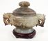 Picture of Chinese jade incense burner with lid and wooden base. 4 1/2" x 6" x 3"